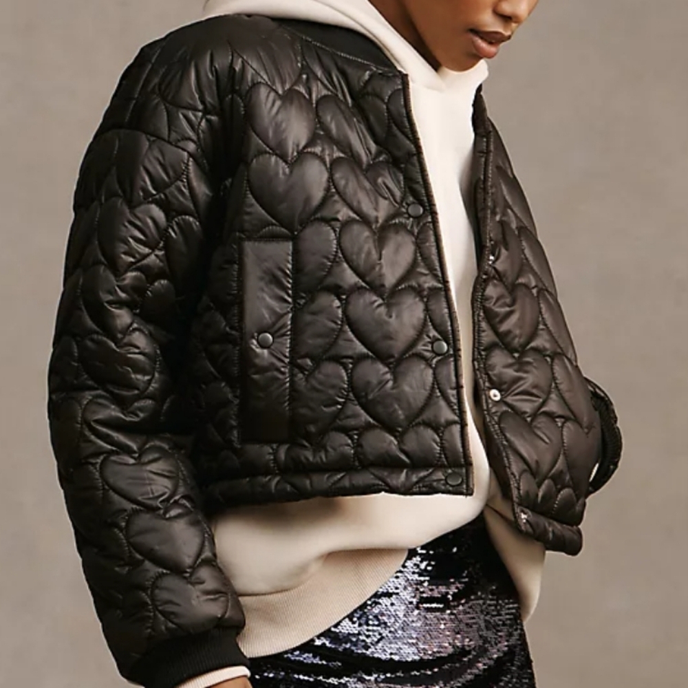 Glossy Black Heart Quilted Puffer Jacket